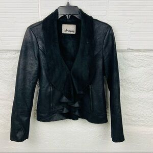 GUESS LOS ANGELES black faux leather fleece lined ruffle lightweight jacket SZ S